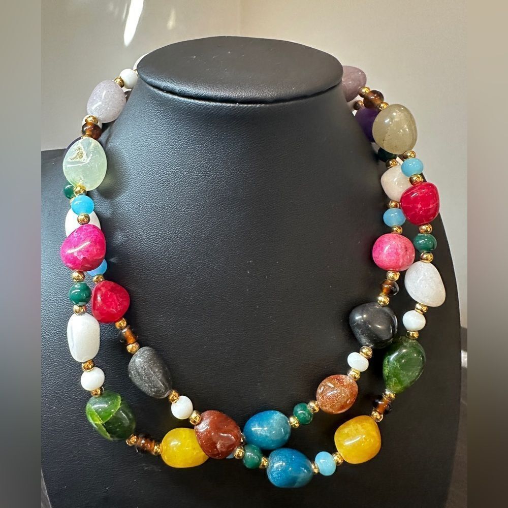 34" Multi-colored dyed stone and‎ glass statement necklace!